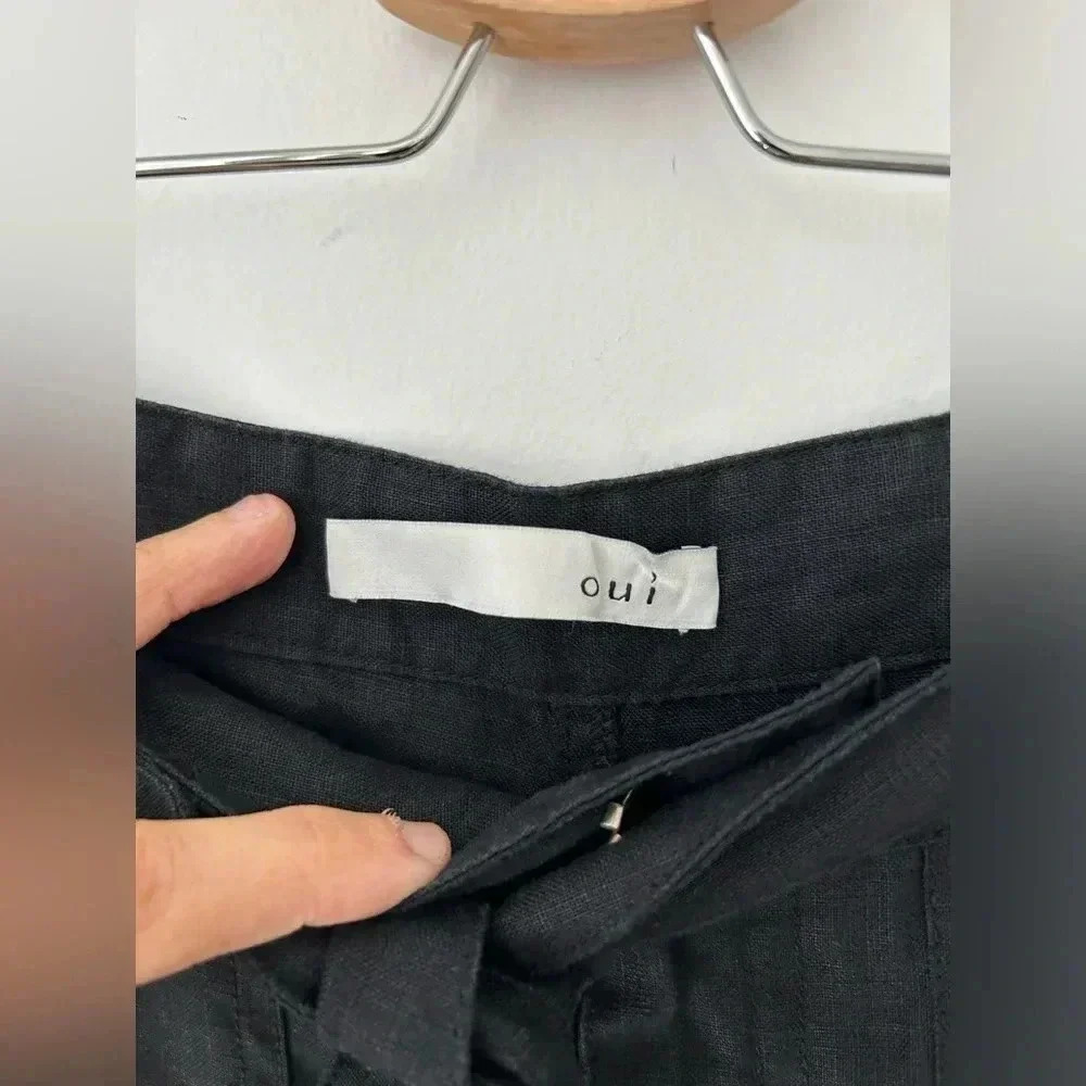 Oui 100% Linen Wide Leg Pants Black Tie Waist Relaxed Minimalist EU Size 6 - Picture 6 of 11